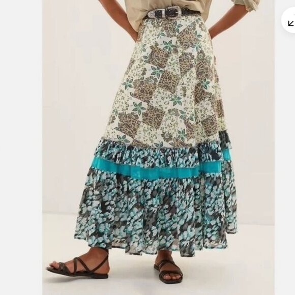 Anthropologie Raga Floral Patchwork Cotton Boho Maxi Skirt Size M $185 - Picture 1 of 9